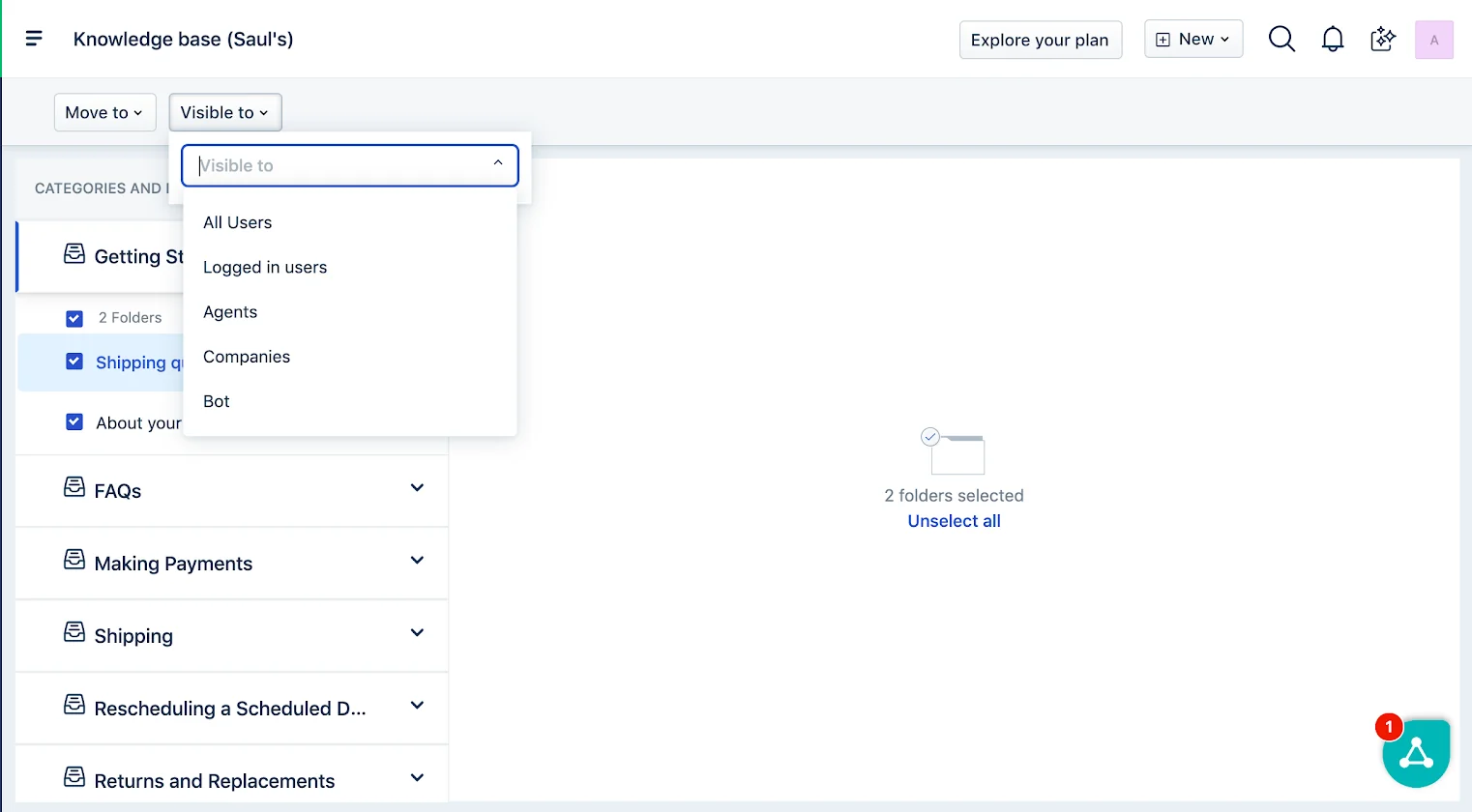 Bulk-changing article visibility from the Freshdesk two-pane view, as taken from Freshdesk docs