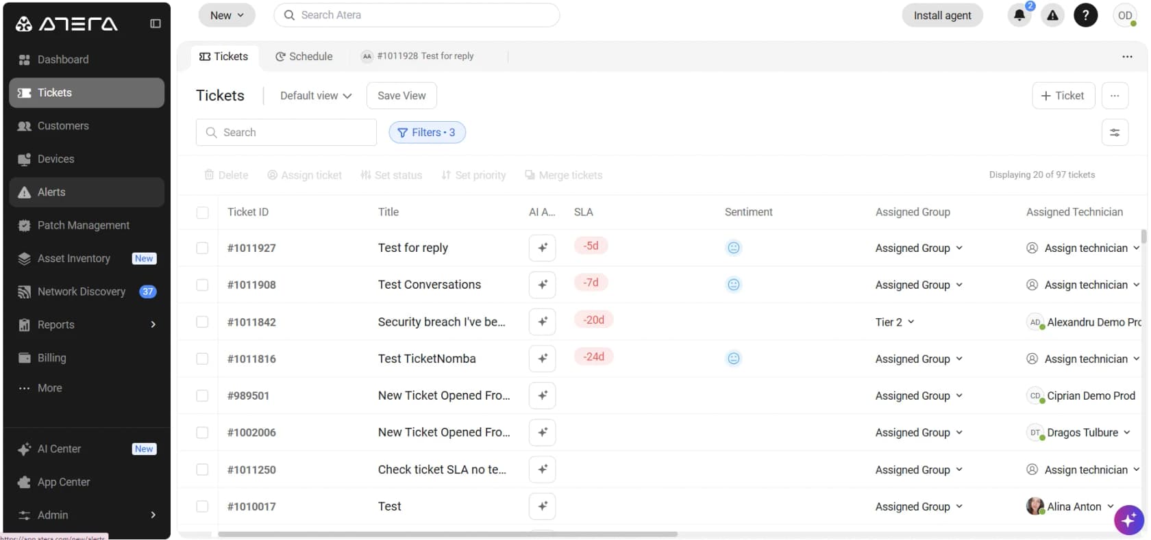 The Atera ticket queue showing 20 of 97 tickets with AI Assist, SLA, Sentiment, Assigned Group and Assigned Technician columns, as taken from the Atera help centre