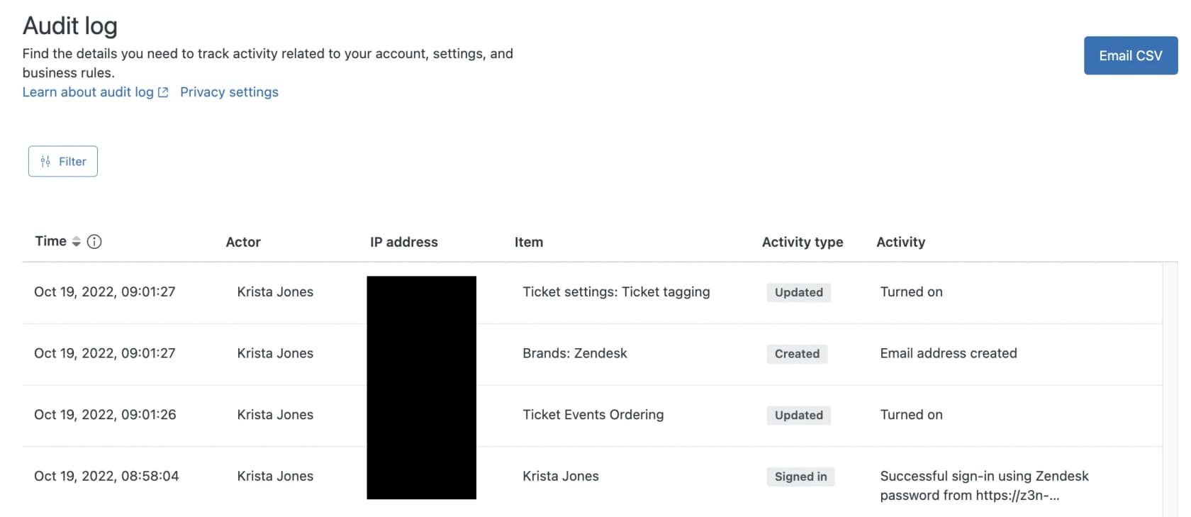 Zendesk audit log in Admin Center showing time, actor, IP address, item, activity type and activity columns, as taken from Zendesk's help center