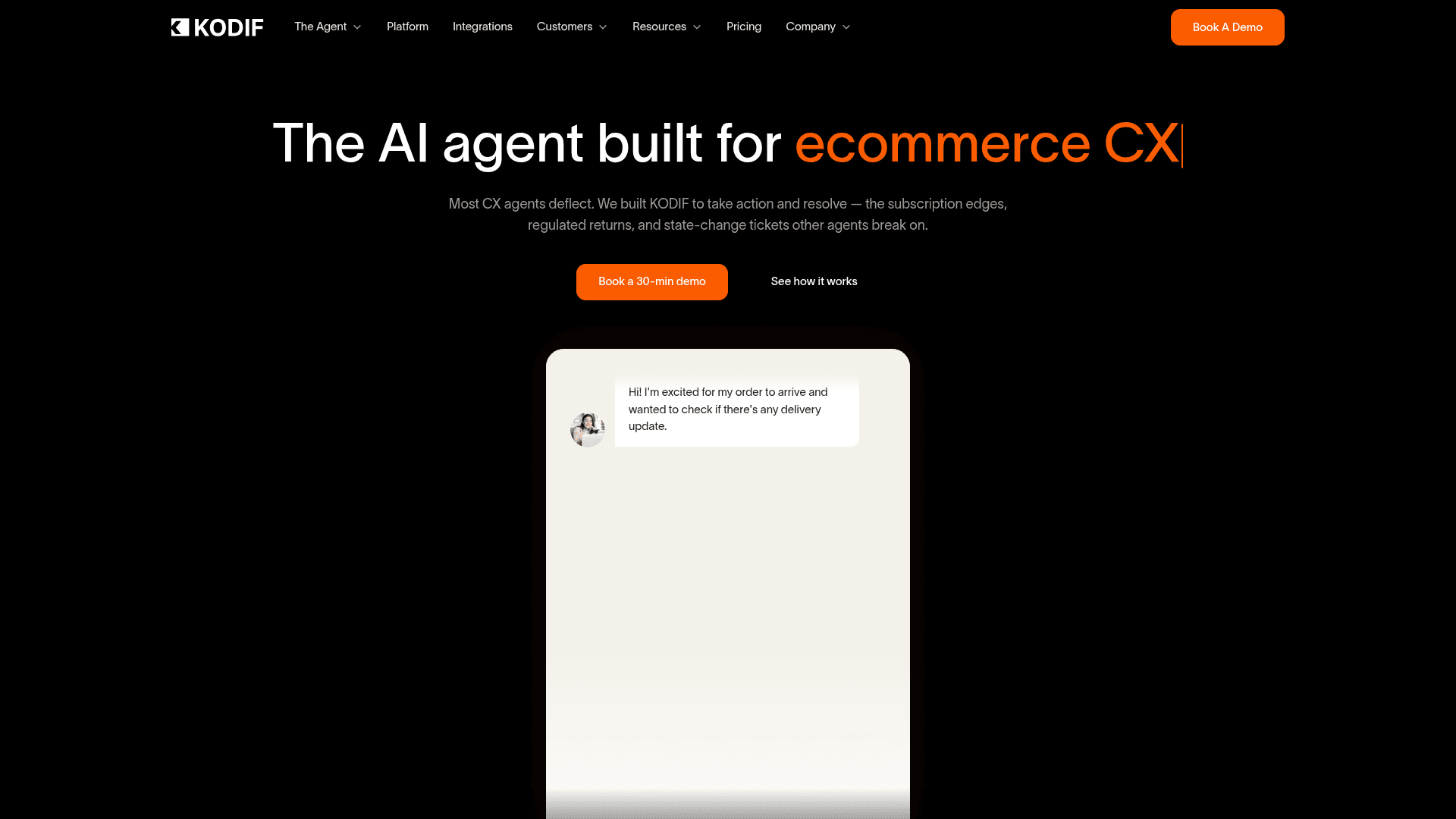 Kodif homepage pitching an AI agent built for ecommerce CX, as taken from Kodif