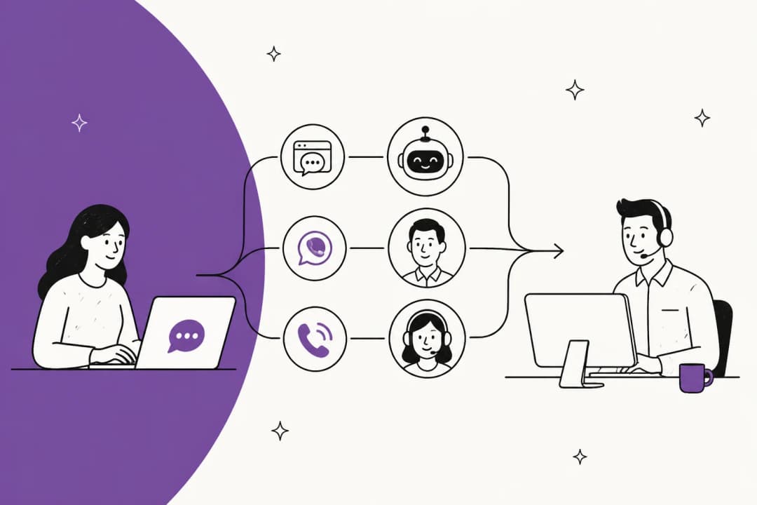 Hand-drawn illustration of a customer on a laptop whose website chat, WhatsApp message and phone call are routed through AI and human agents to a support agent at a desk