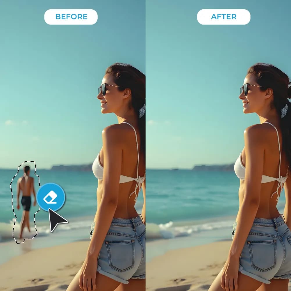 Pixlr before and after: a beach photo with a background figure outlined by a dashed lasso and an eraser cursor, then the same photo with the figure gone, as taken from Pixlr