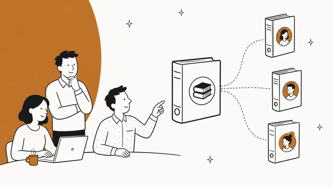 Hand-drawn illustration of a support team looking at one shared core knowledge binder that branches into three client-specific binders
