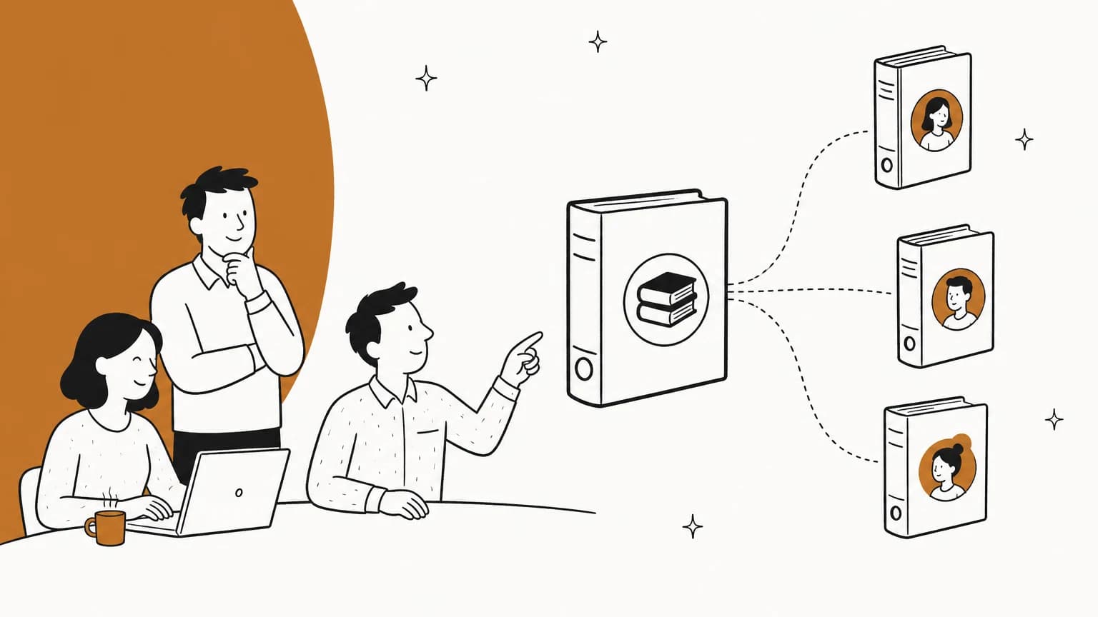 Hand-drawn illustration of a support team looking at one shared core knowledge binder that branches into three client-specific binders