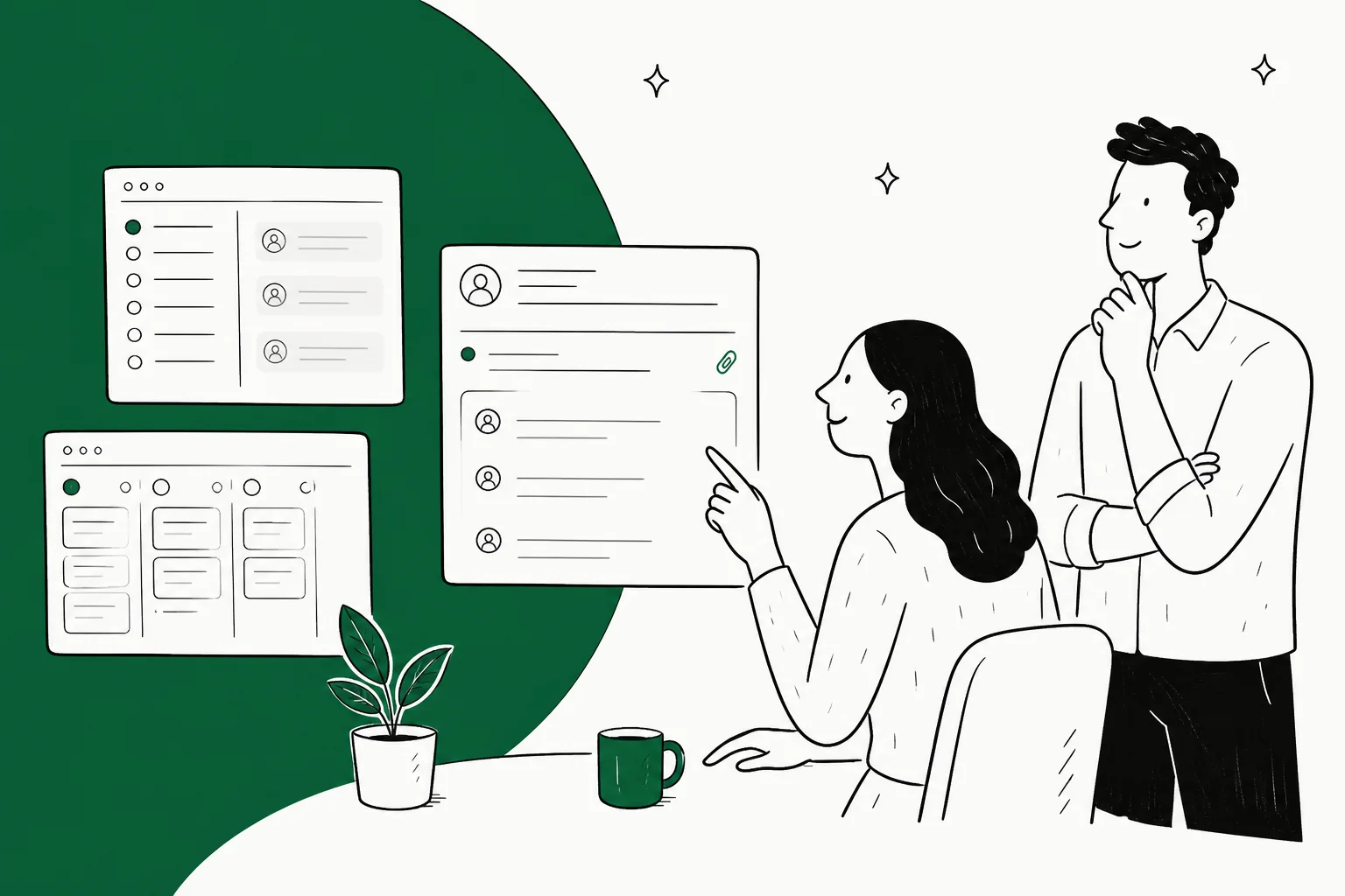 Illustration of support tickets moving through a ticketing system queue