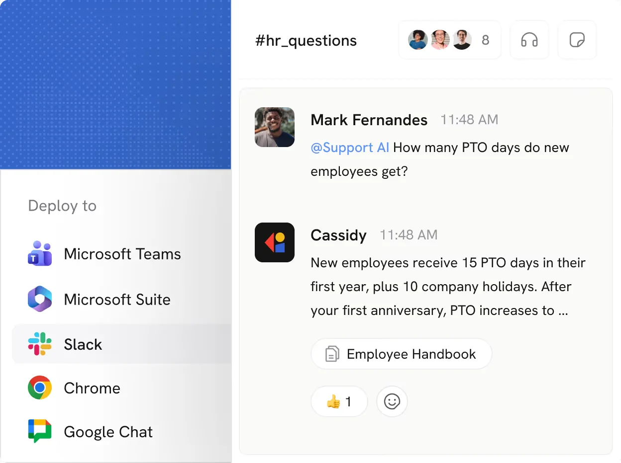 Cassidy agent answering a PTO policy question in chat, with a sidebar listing deploy targets including Microsoft Teams, Slack, Chrome and Google Chat, as taken from Cassidy