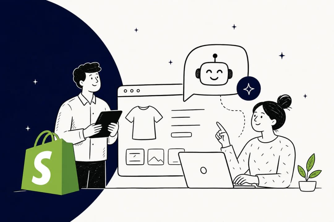 Illustration of adding an AI customer support agent to a Shopify store