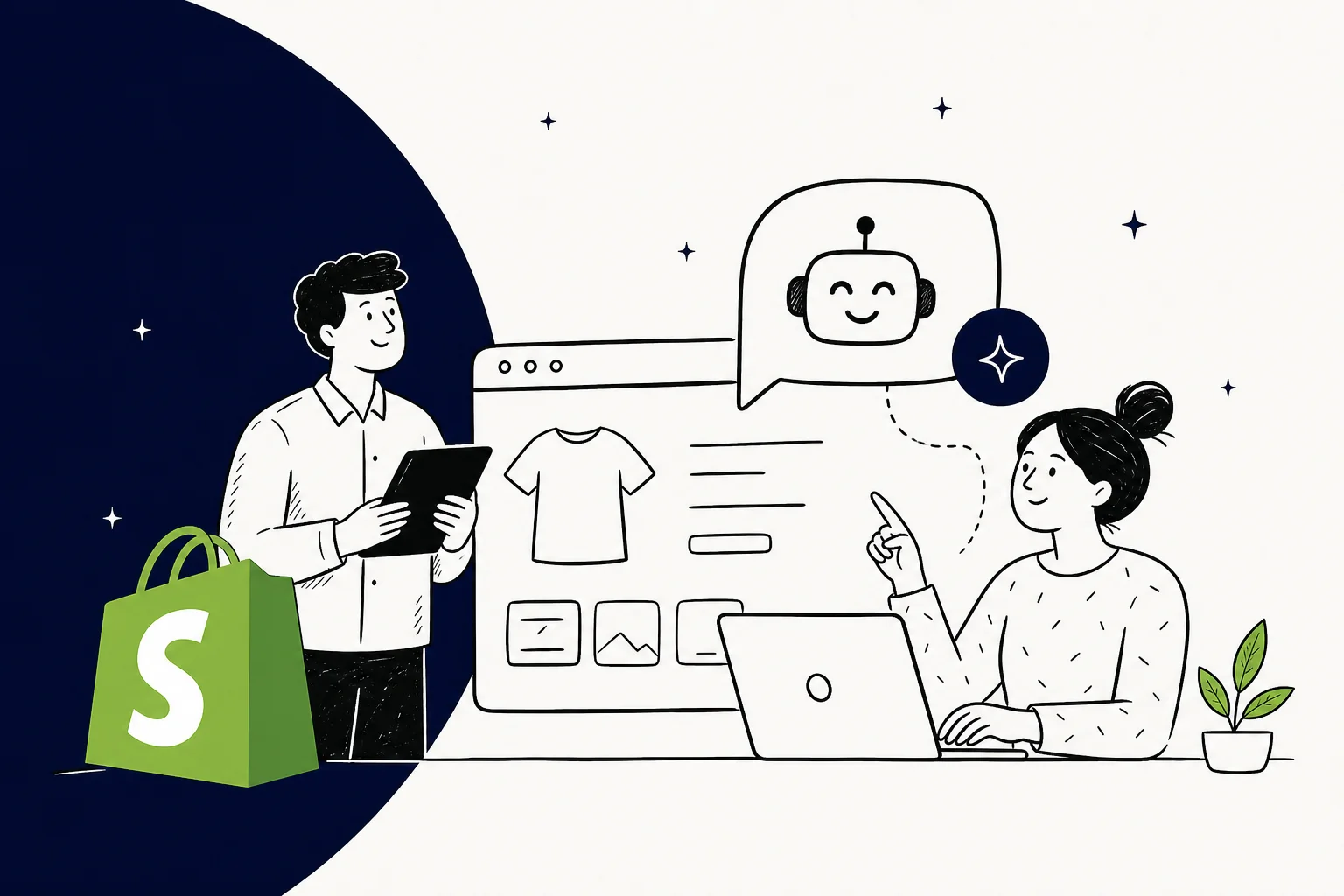 Illustration of adding an AI customer support agent to a Shopify store