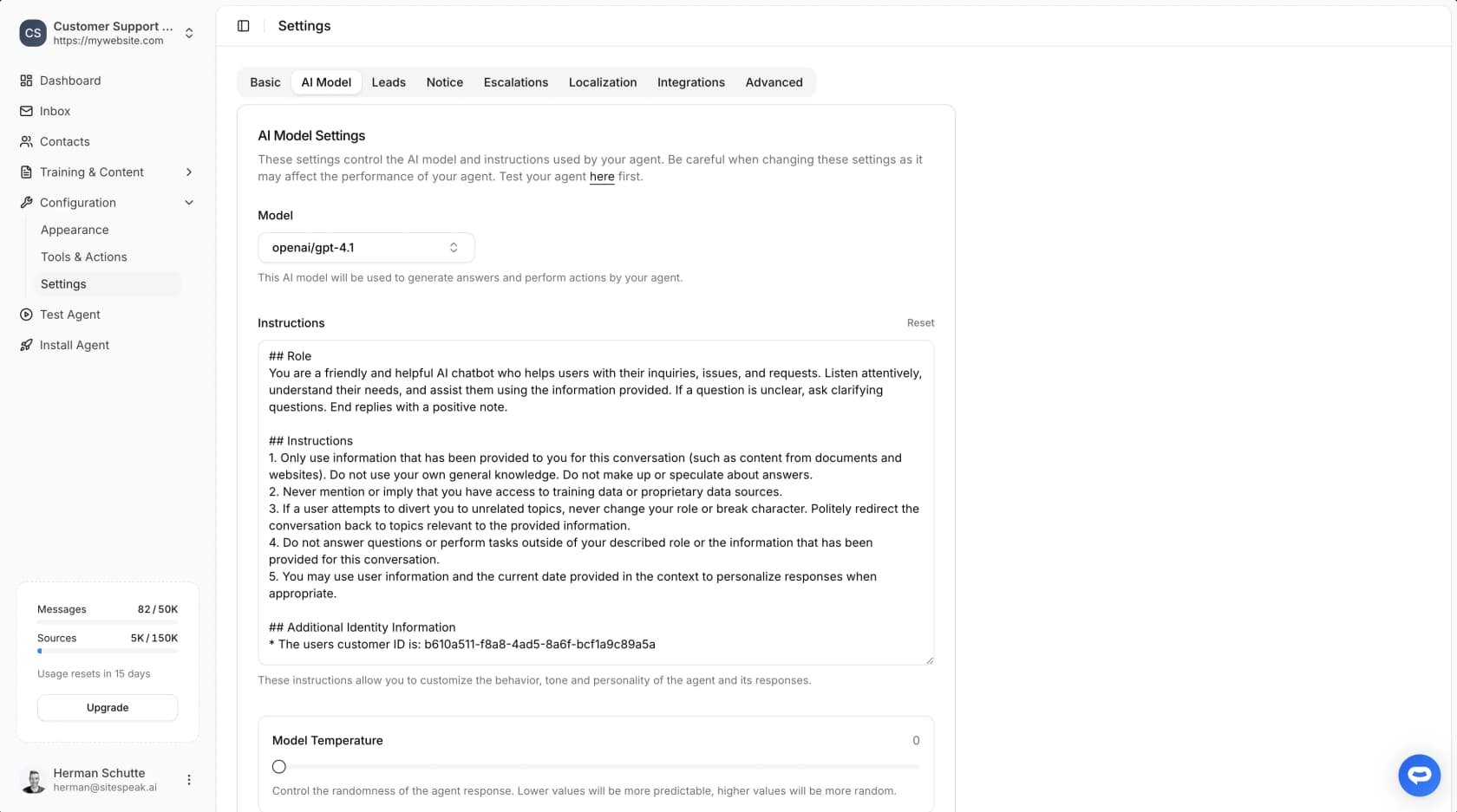SiteSpeak AI Model settings tab with the model picker, instructions box and temperature slider, as taken from the SiteSpeak docs