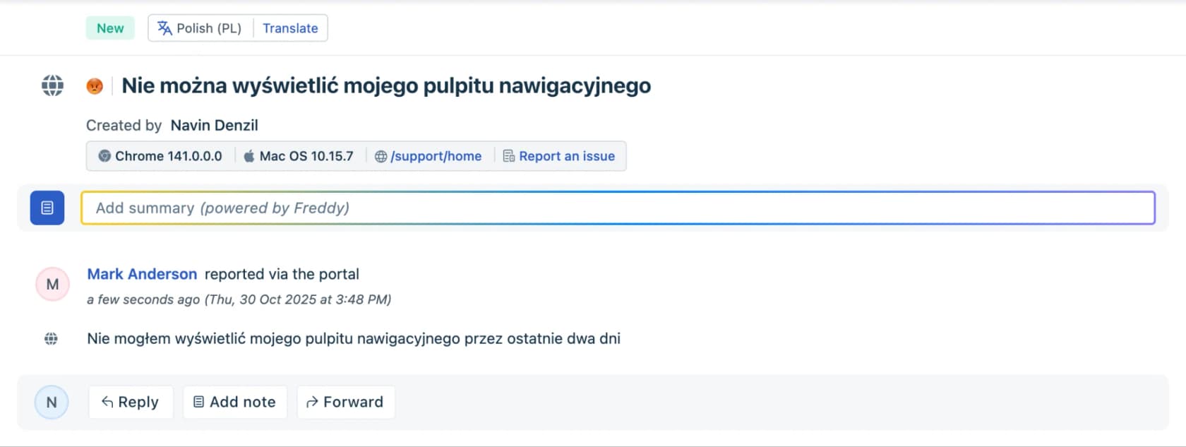 Freshdesk ticket in Polish with a Polish (PL) language chip and Translate button at the top, as taken from Freshdesk's support docs