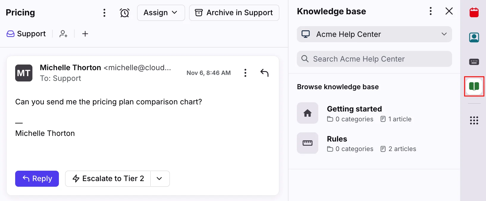 Front conversation with the knowledge base sidebar plugin open next to a customer email asking for a pricing comparison chart, as taken from Front
