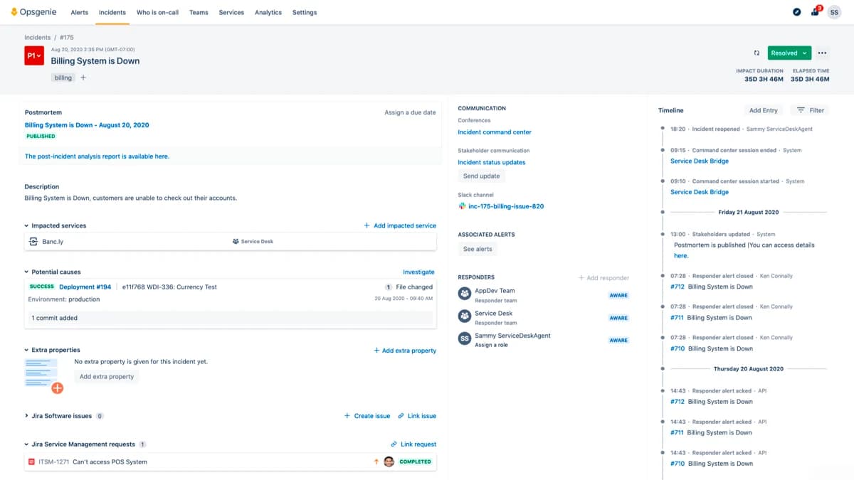 Jira Service Management's incident management view, one of the areas where the platform is strongest, as taken from Atlassian