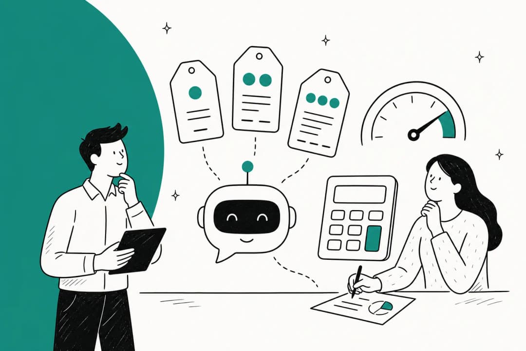 Illustrated hero banner for a chatbot as a service pricing guide, with price tags, dials and a calculator