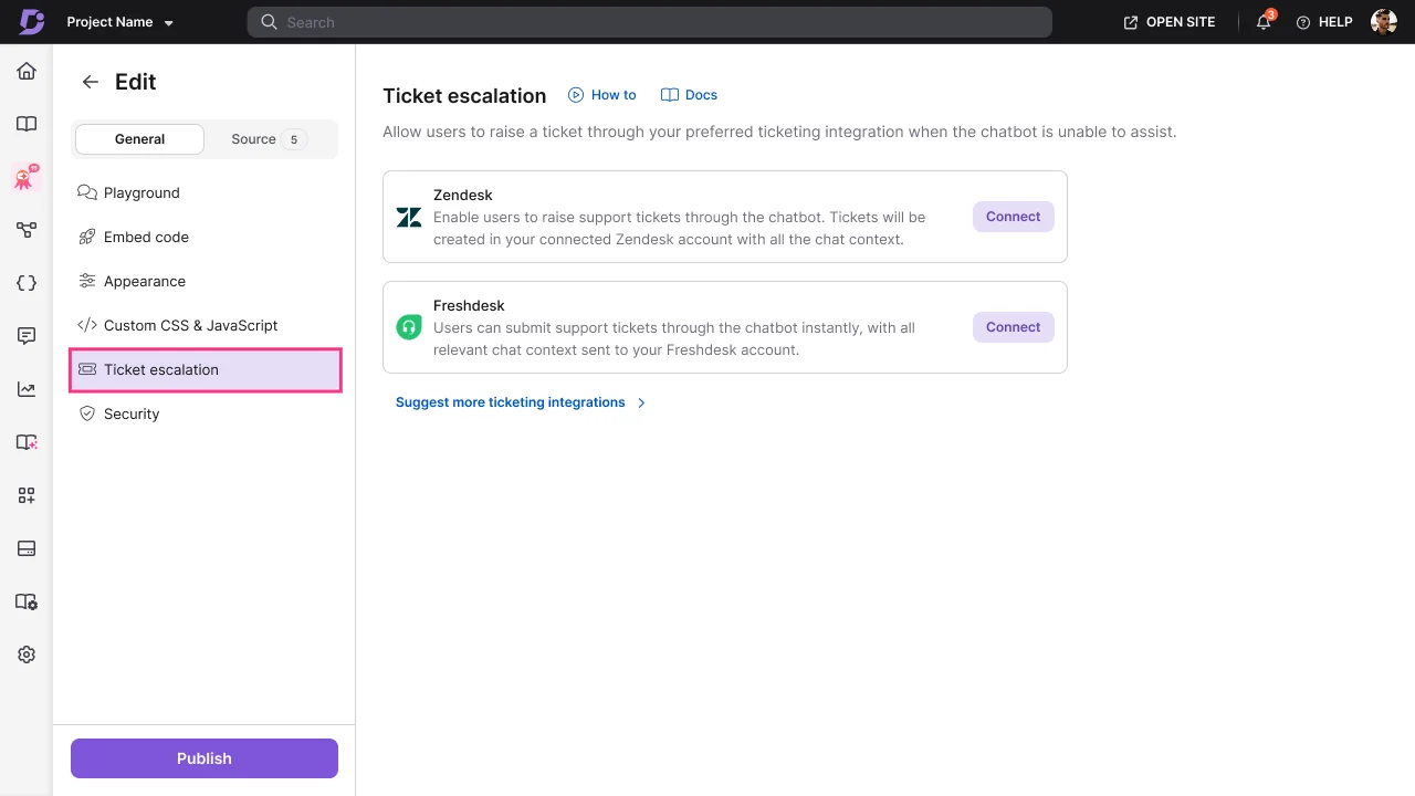 The AI Chatbot's ticket escalation settings, offering Zendesk and Freshdesk hand-off, as taken from Document360