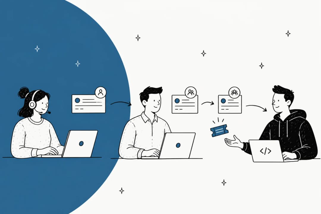Illustration of a technical support queue escalating from tier 1 to engineering