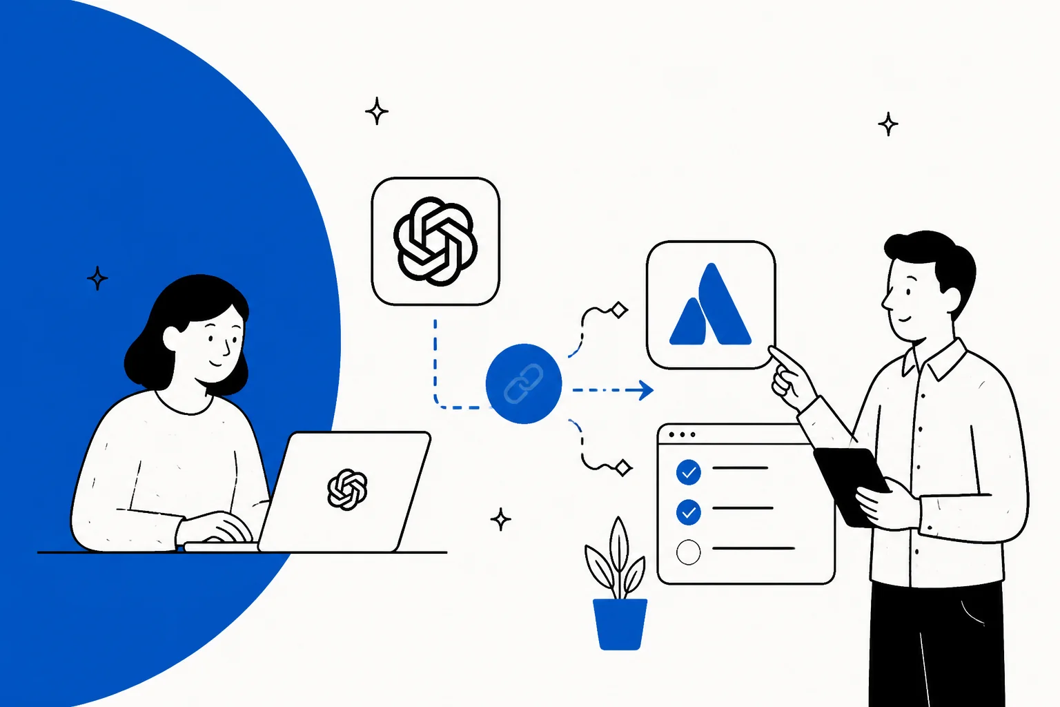Illustration of two people beside linked ChatGPT and Atlassian logos and a task checklist