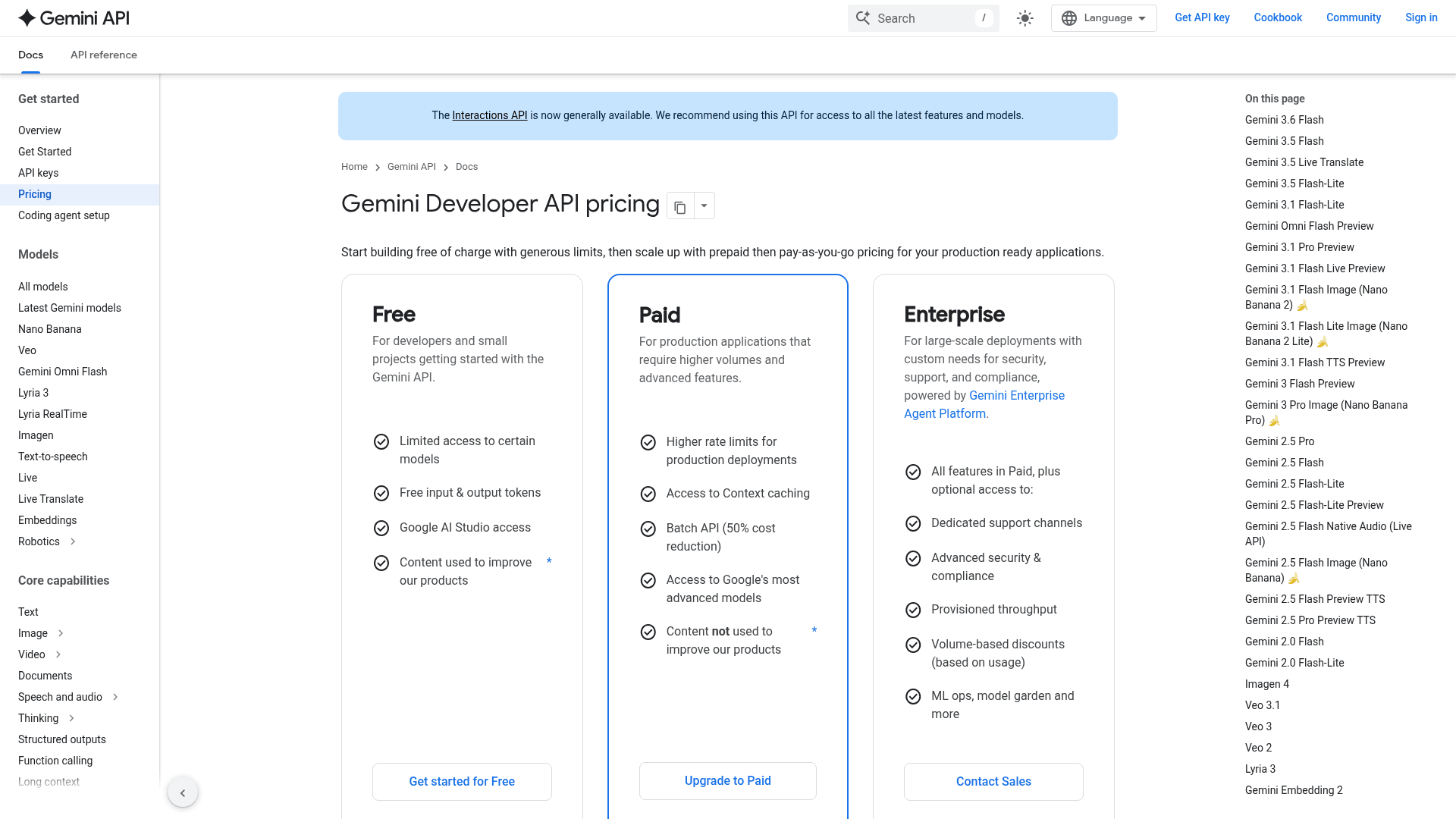 The Gemini Developer API pricing page showing the Free, Paid and Enterprise tiers, with the paid tier stating content is not used to improve Google's products, as taken from Google