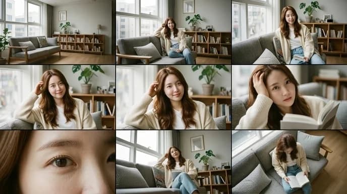 Nine AI-generated cinematic portrait shots arranged in a 3x3 grid, as shown on Flowith