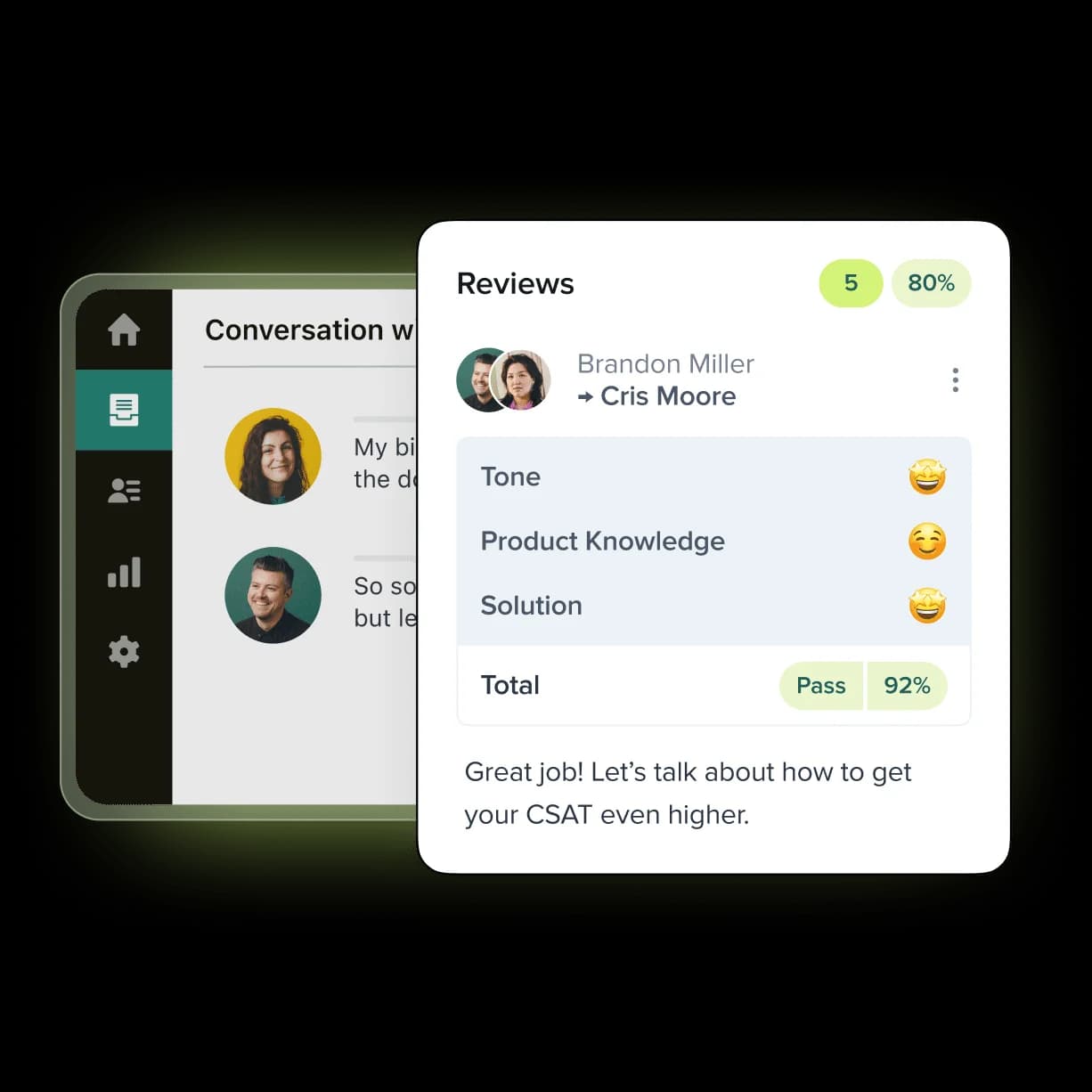 Zendesk agent workspace with an AutoQA review panel scoring a conversation on tone, product knowledge, and solution