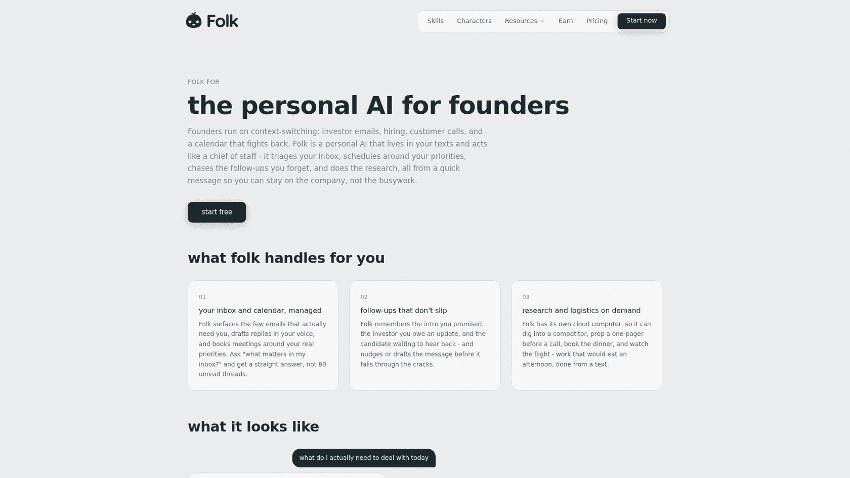 folk's founders page headlined "the personal AI for founders," with three cards for inbox and calendar, follow-ups that don't slip, and research and logistics on demand, as captured from folk.com