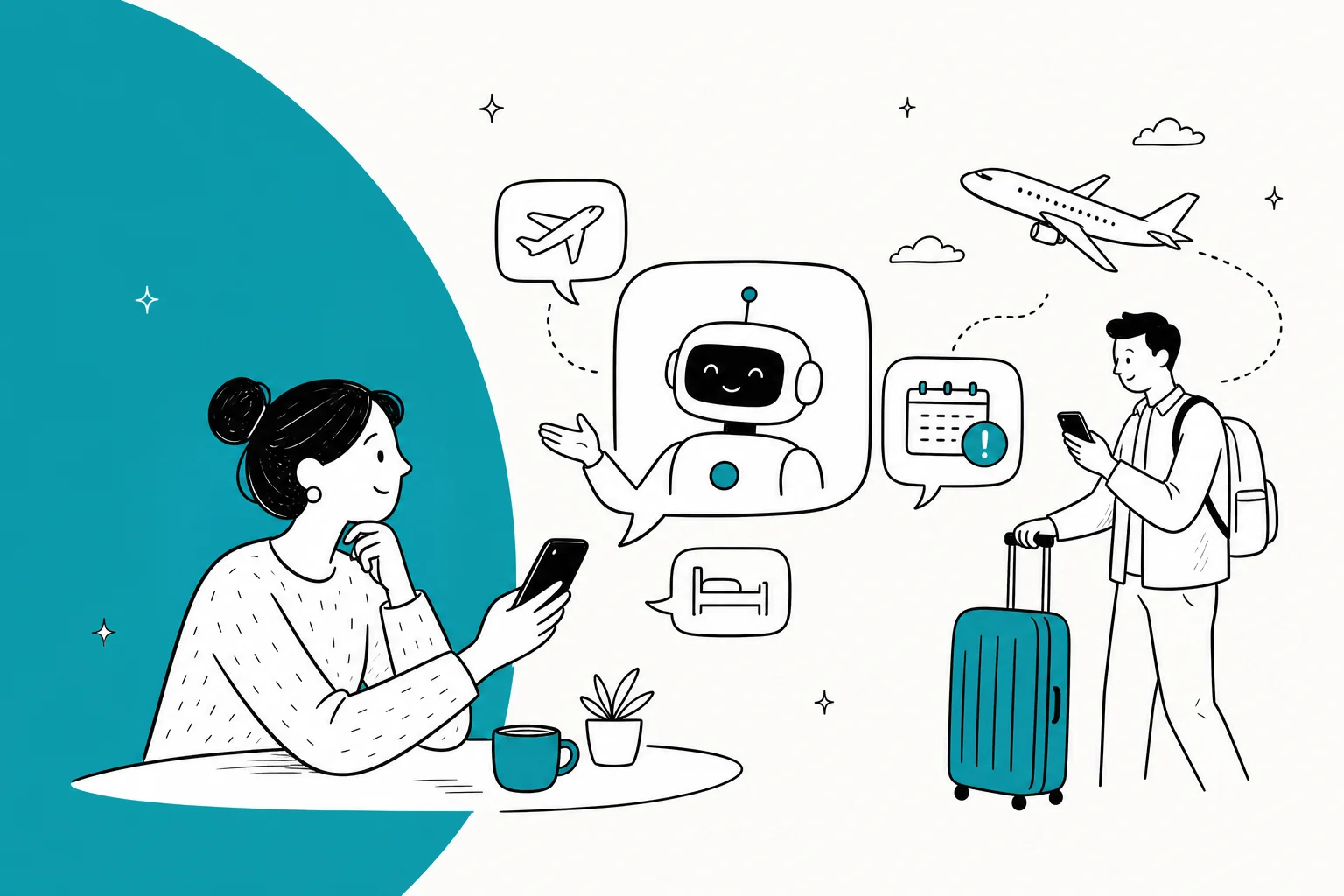 Illustrated hero banner for a guide on AI chatbots for the travel industry