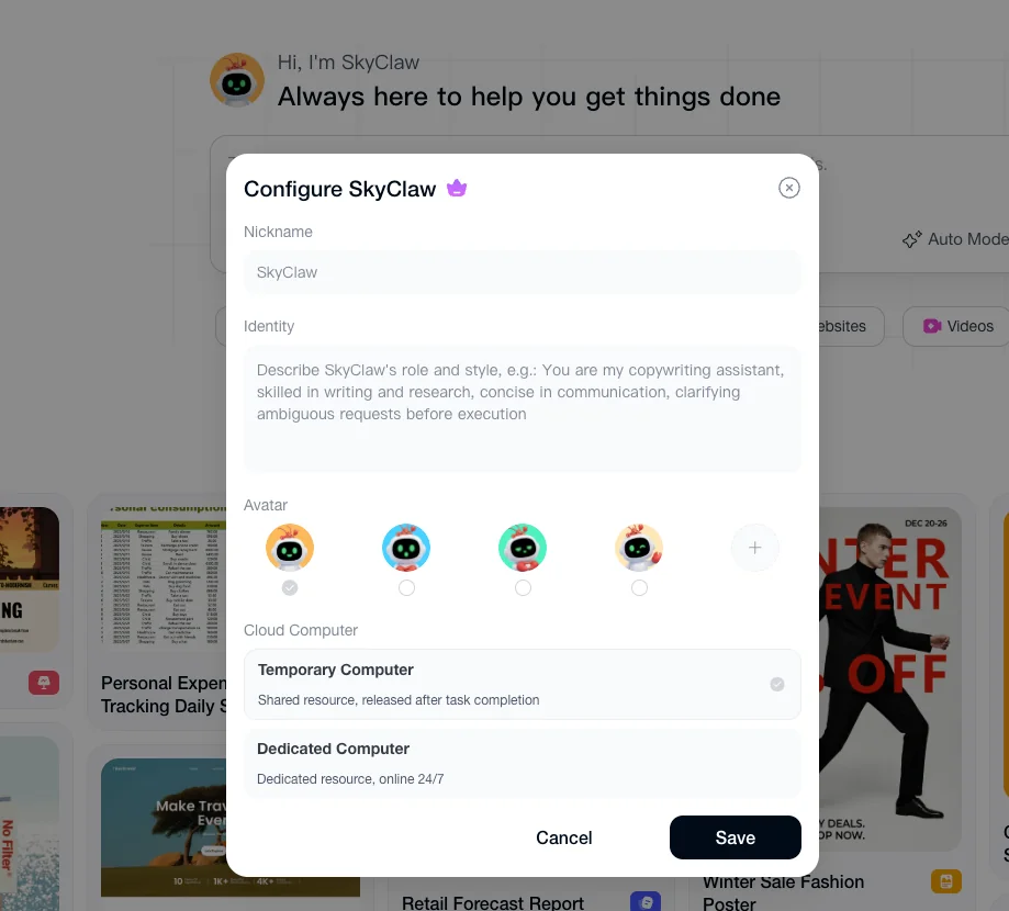 Skywork's Configure SkyClaw panel: set the agent's persona and choose a Temporary or Dedicated cloud computer, as taken from Skywork