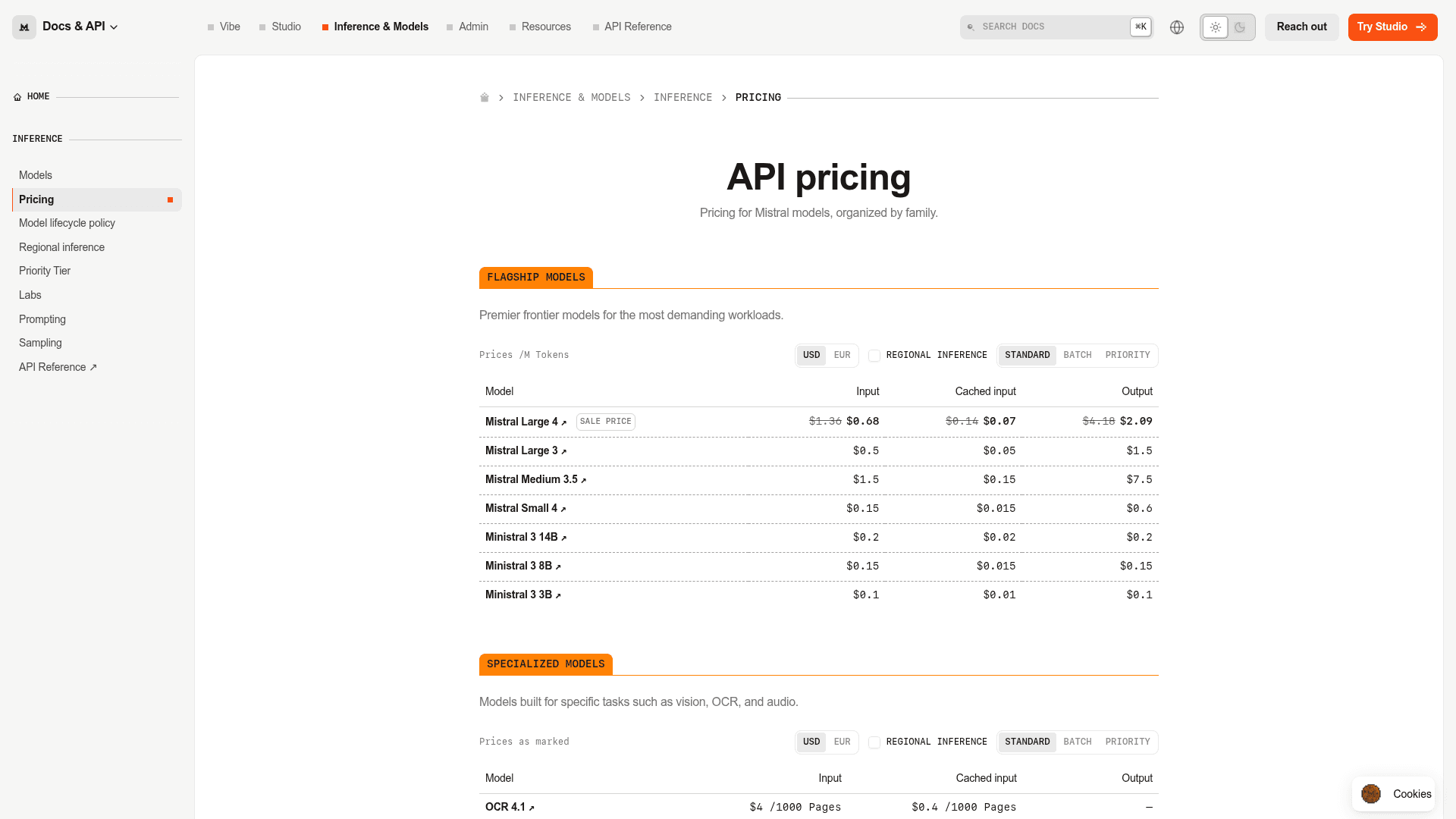 Mistral API pricing page showing Mistral Large 4 at a sale price of $0.68 input, $0.07 cached and $2.09 output next to the struck-through list prices, as taken from Mistral docs