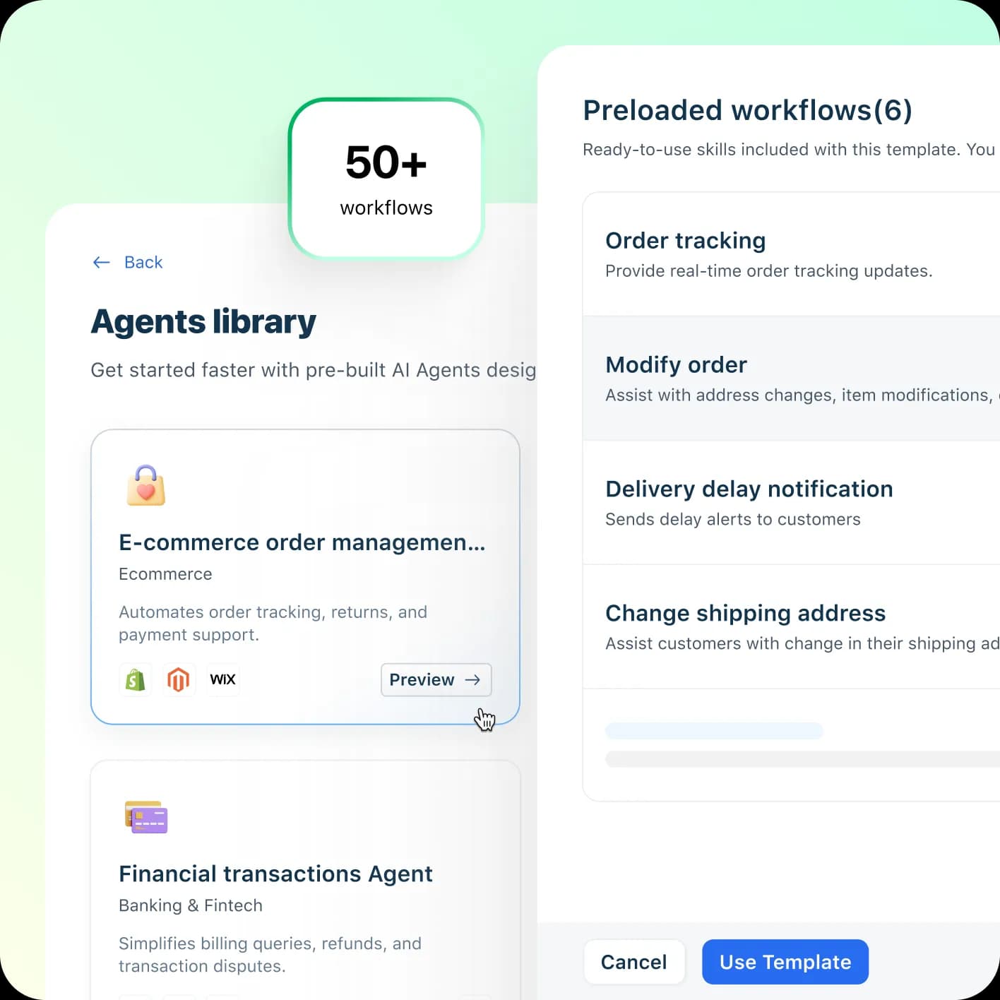 Freshchat Freddy AI Agent library showing pre-built ecommerce workflows, as taken from Freshworks