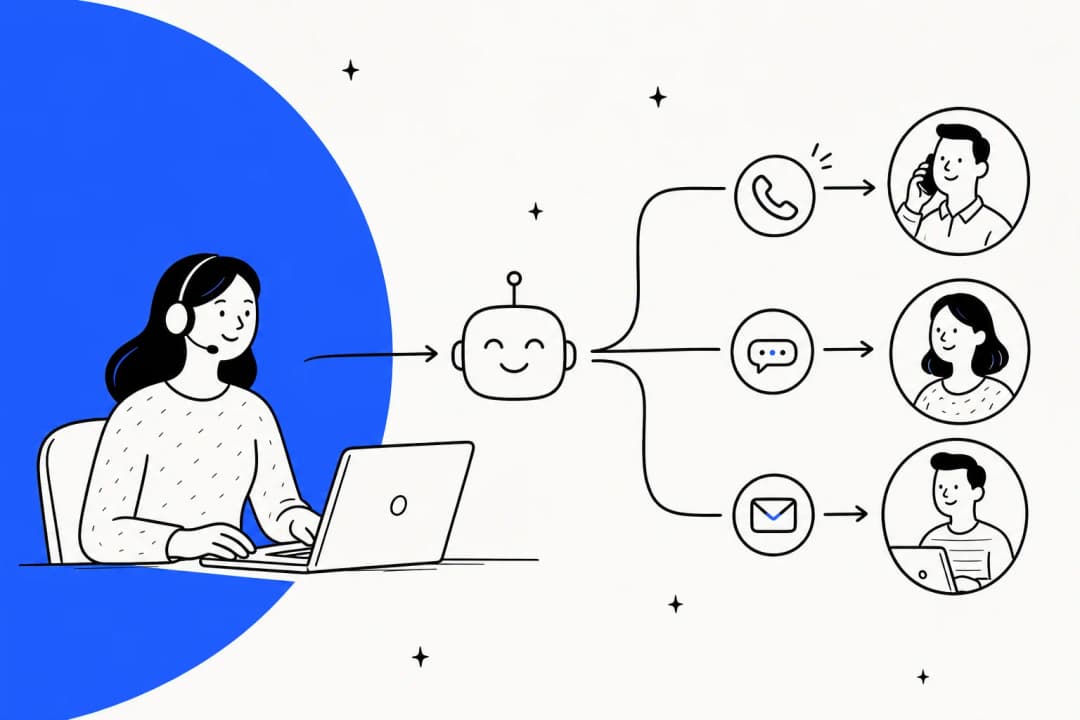 Illustration of an AI agent routing customer conversations across phone, chat, and email