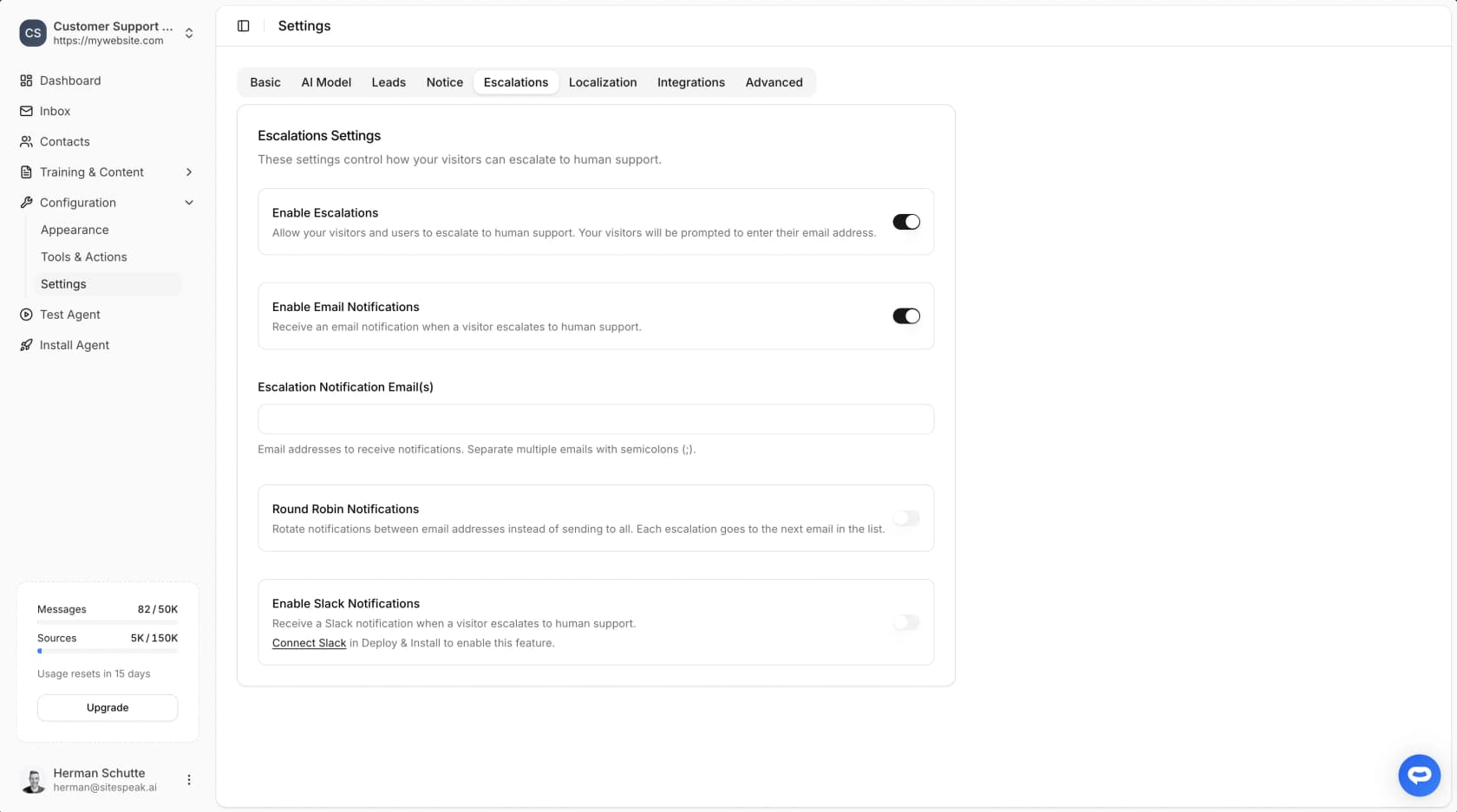 SiteSpeak Escalations settings with toggles for Enable Escalations, Enable Email Notifications, Round Robin Notifications and Enable Slack Notifications, as taken from SiteSpeak's docs