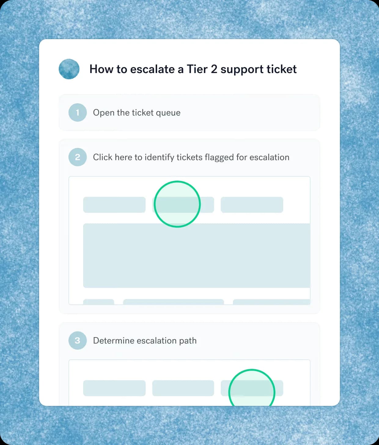 Scribe step-by-step guide titled how to escalate a Tier 2 support ticket, with numbered steps and highlighted click targets, as taken from Scribe