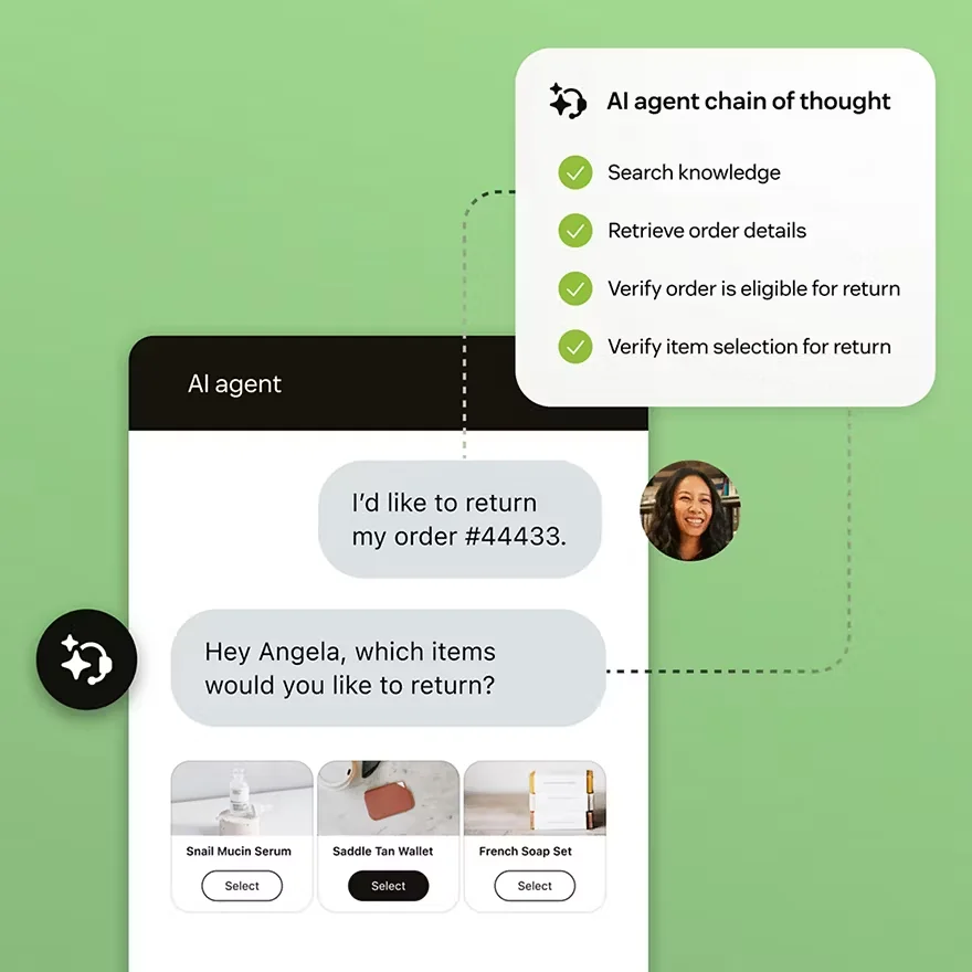 Zendesk AI agent handling a return request, showing its chain of thought verifying order eligibility and item selection, as taken from Zendesk