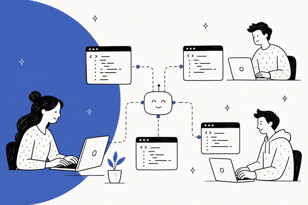 Editorial illustration of parallel coding agents and terminal windows, representing the field of ZCode alternatives