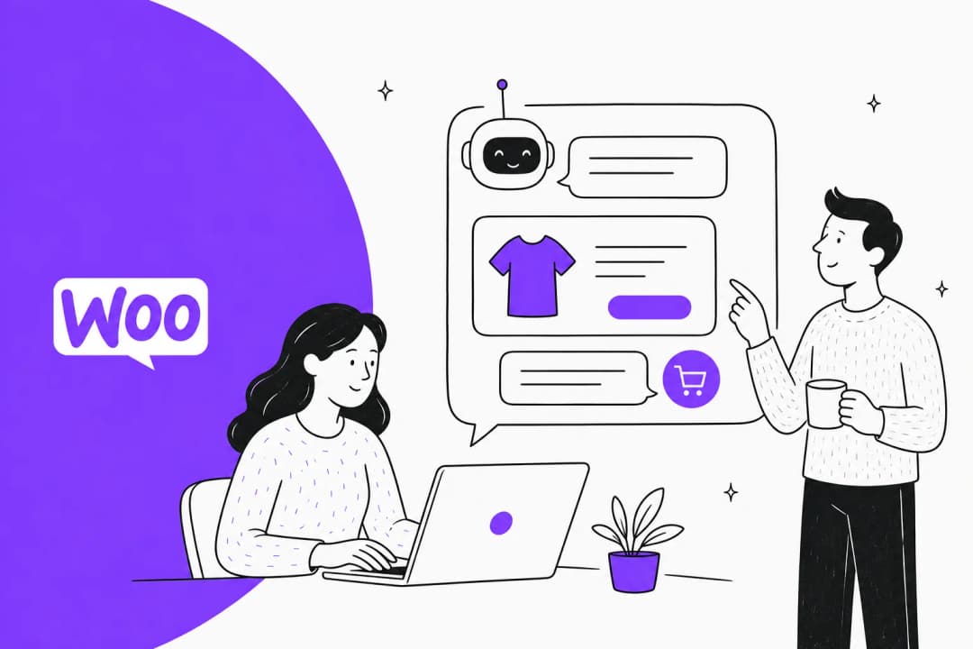 Illustration of an AI chatbot handling a product and shopping-cart conversation on a WooCommerce store