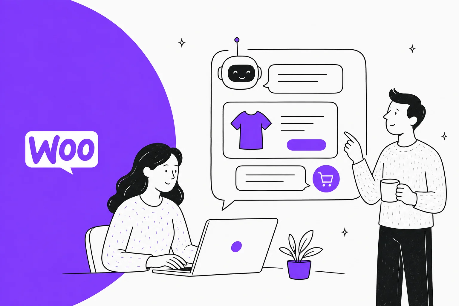 Illustration of an AI chatbot handling a product and shopping-cart conversation on a WooCommerce store
