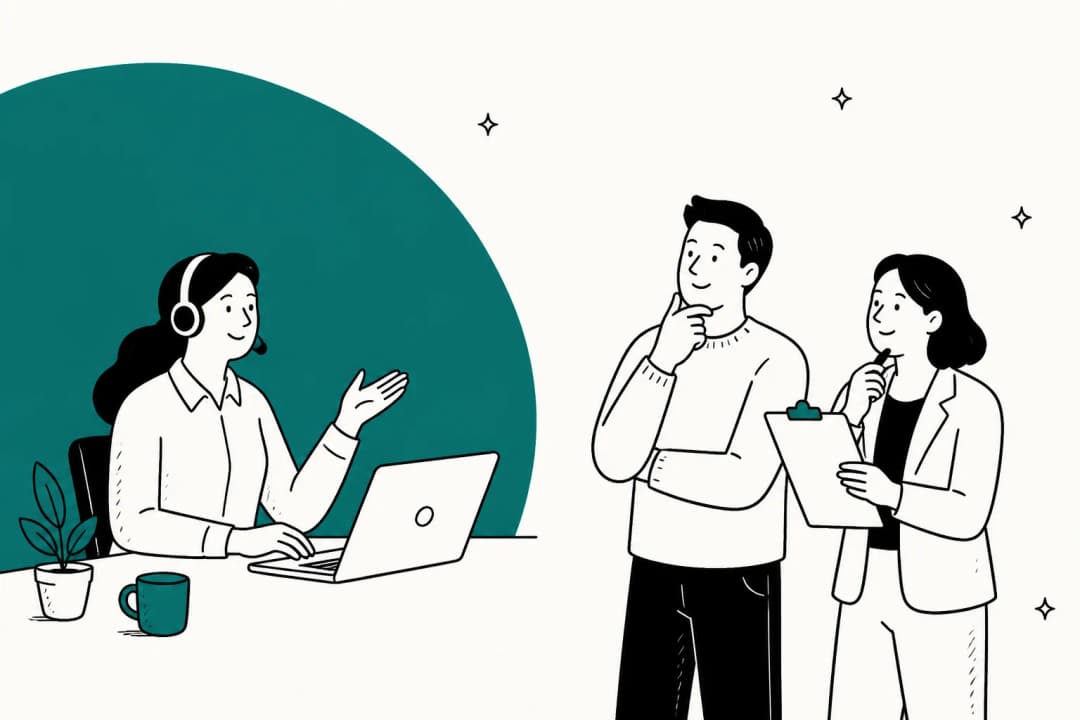 Illustration of a support agent at a laptop while two colleagues discuss which help desk system to choose