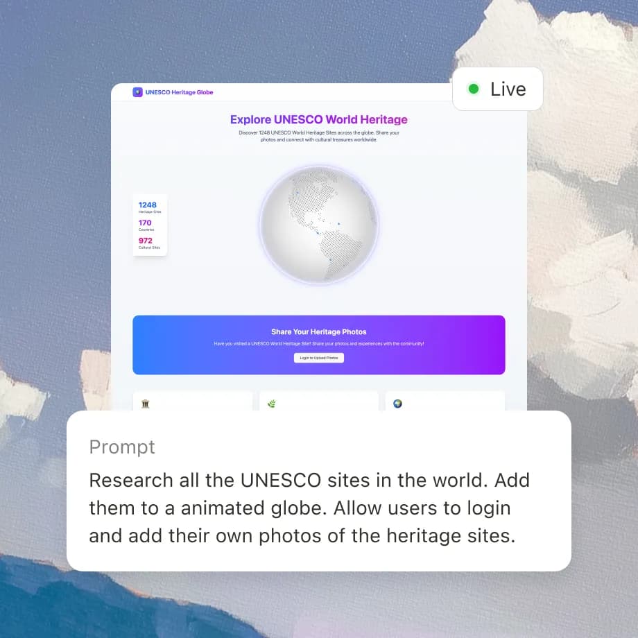 A Manus-built UNESCO heritage web app running live from a single prompt, as taken from Manus