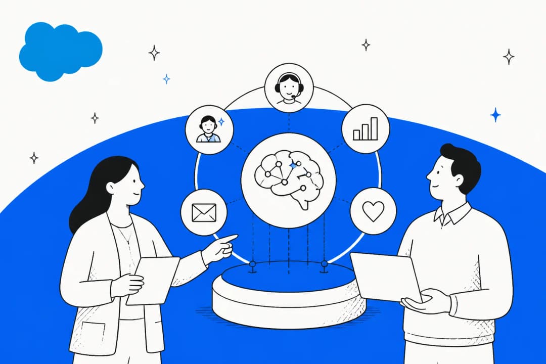 Illustration of the Salesforce Trusted Enterprise AI Harness wrapping an AI agent in six trust layers under an AI Control Plane