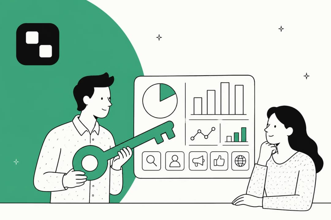 A hand-drawn illustration of a person holding a large green key next to a dashboard of charts and tool icons, with the Treg logo in the corner