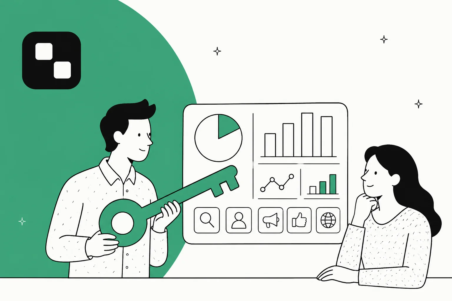 A hand-drawn illustration of a person holding a large green key next to a dashboard of charts and tool icons, with the Treg logo in the corner