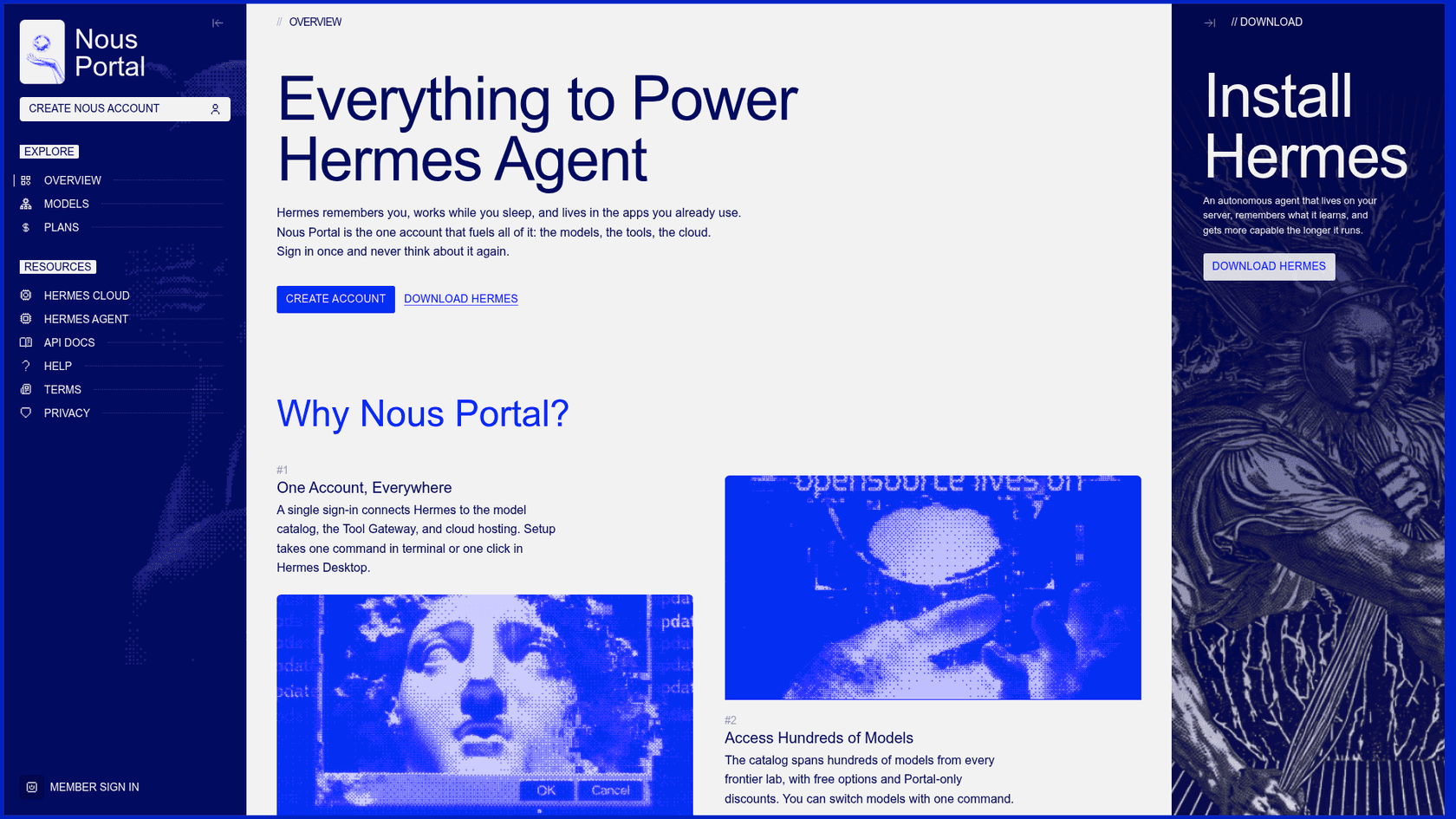 Nous Portal overview page, "Everything to Power Hermes Agent", with links to models, plans and Hermes Cloud, as taken from Nous Portal