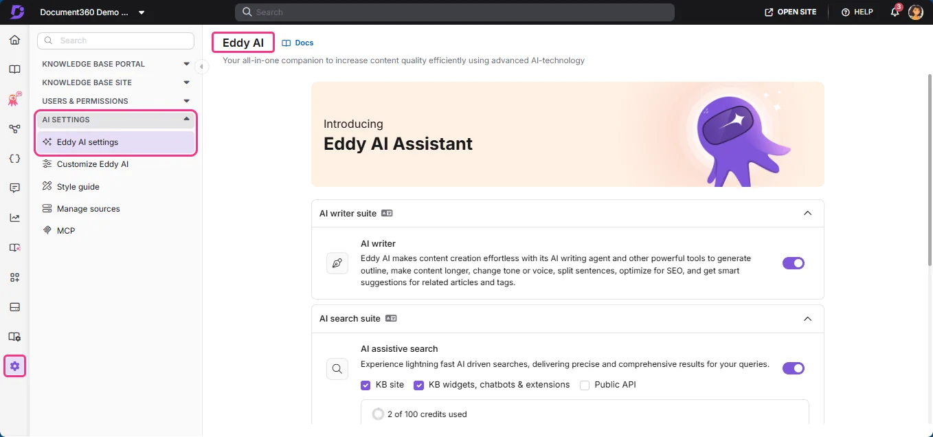 Eddy AI settings inside the Document360 portal, as taken from Document360