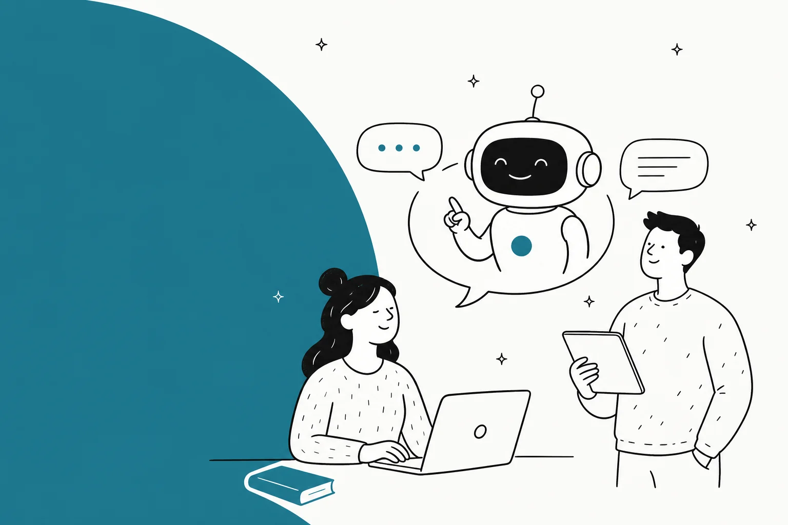 Illustration of an AI chatbot answering student questions across schools and universities