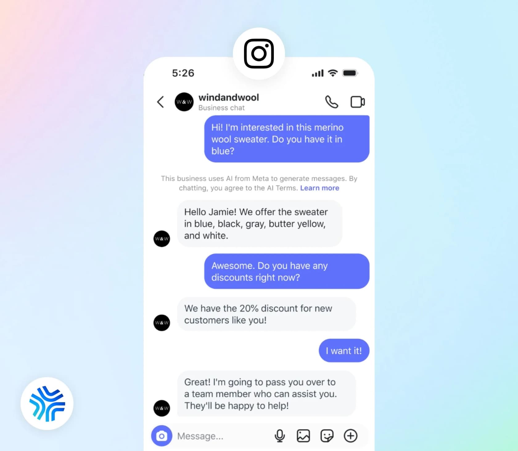Instagram business chat where Meta Business Agent answers a sweater question, offers a discount, then says it will pass the customer to a team member, from Meta's launch post on the Meta Newsroom