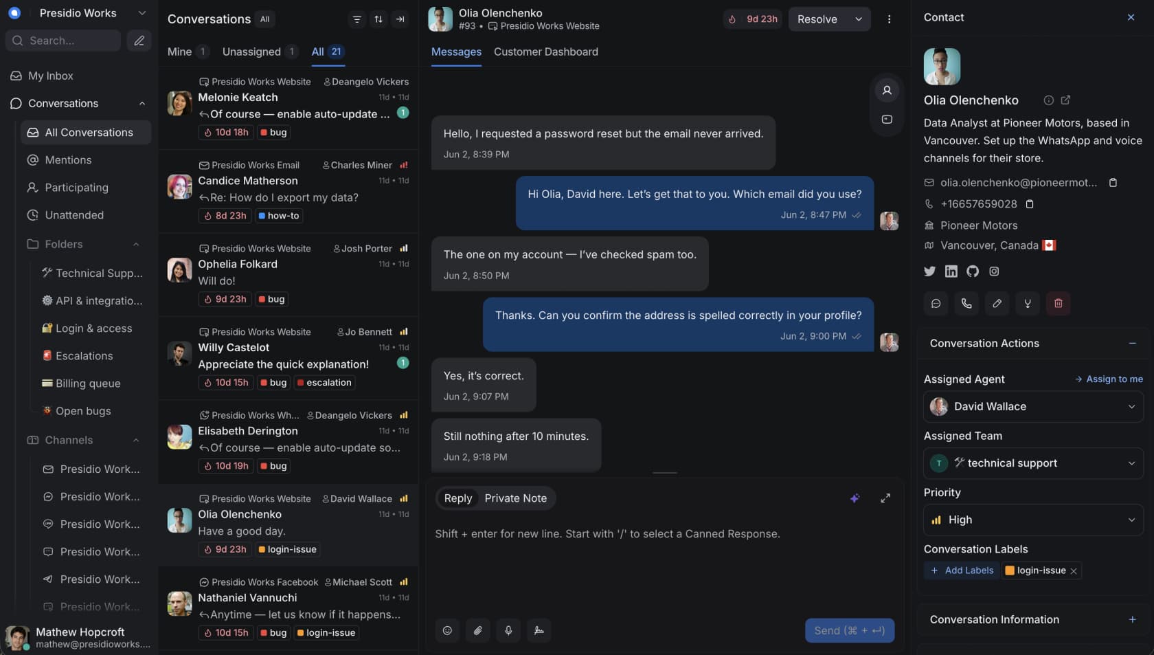 The Chatwoot dashboard showing a conversation, folders and the contact sidebar