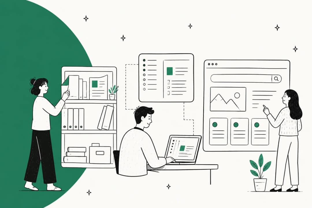 Illustration of a team publishing articles from a documentation shelf into a public help center