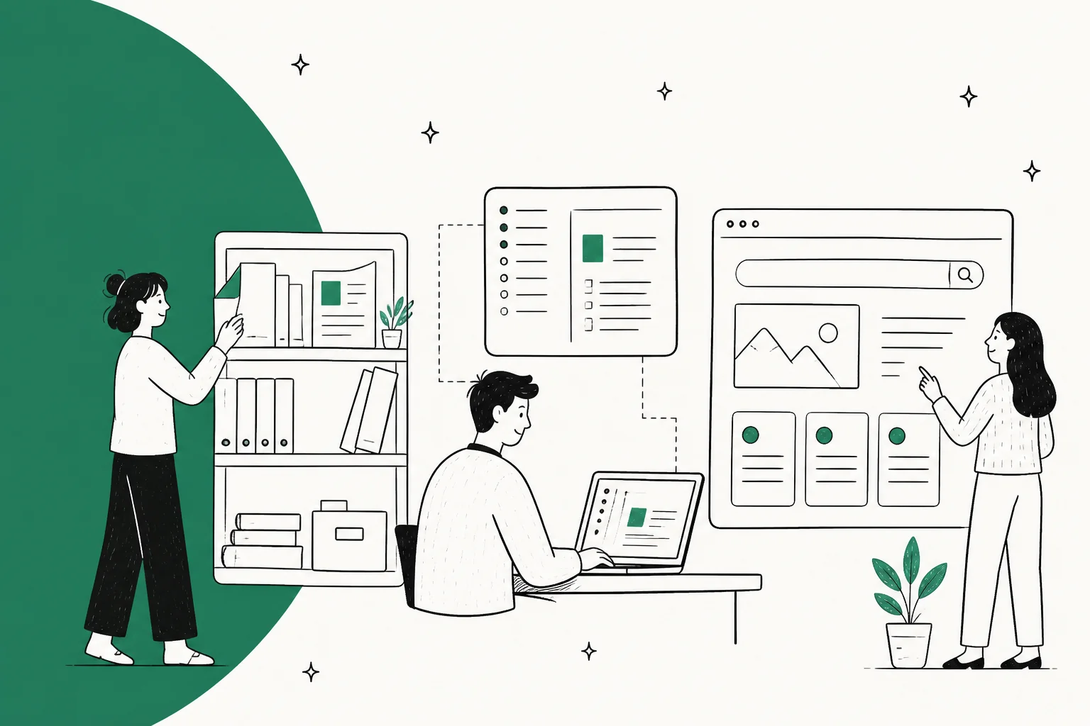 Illustration of a team publishing articles from a documentation shelf into a public help center