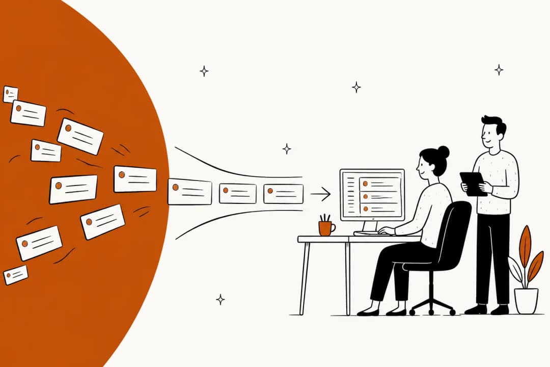 Illustration of support tickets flowing from a queue into an organized agent workspace