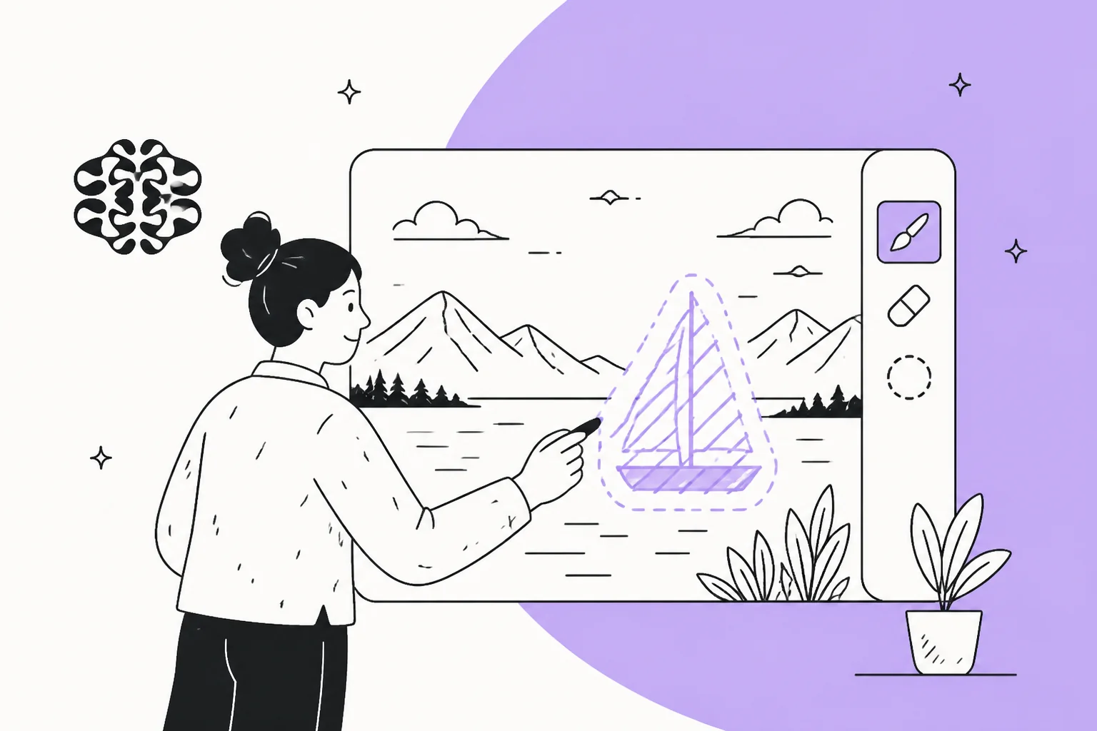 A person brushing a mask over a sailboat in a lake photo on an editing canvas, with brush and eraser tools in the sidebar, in Ideogram's lavender brand colour