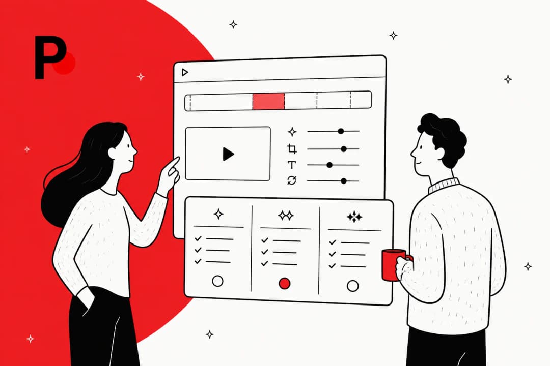 Illustrated hero banner for a Palmier Pro pricing breakdown, an AI-native macOS video editor, with a timeline and credit motif